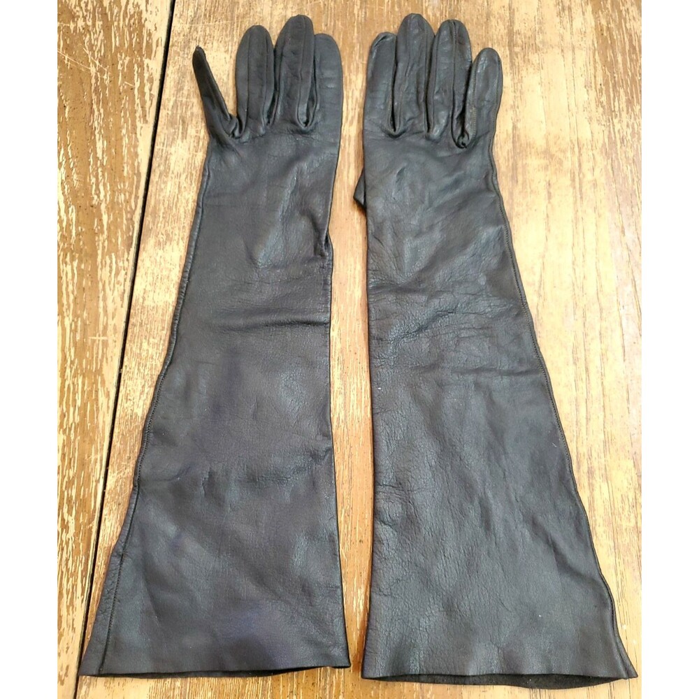 Vintage Girls Black Leather Opera Gloves Long Formal Evening Dress Mid-Century
